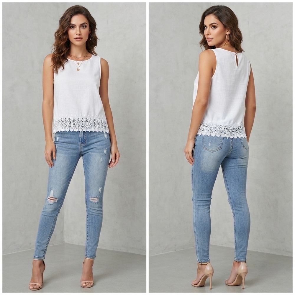 Marina Luna Womens White 100% Linen Crochet Lace Trim Sleeveless Tank Top Size M